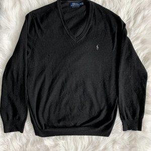 Men's Black Polo V-Neck Merino Wool Sweater - XL